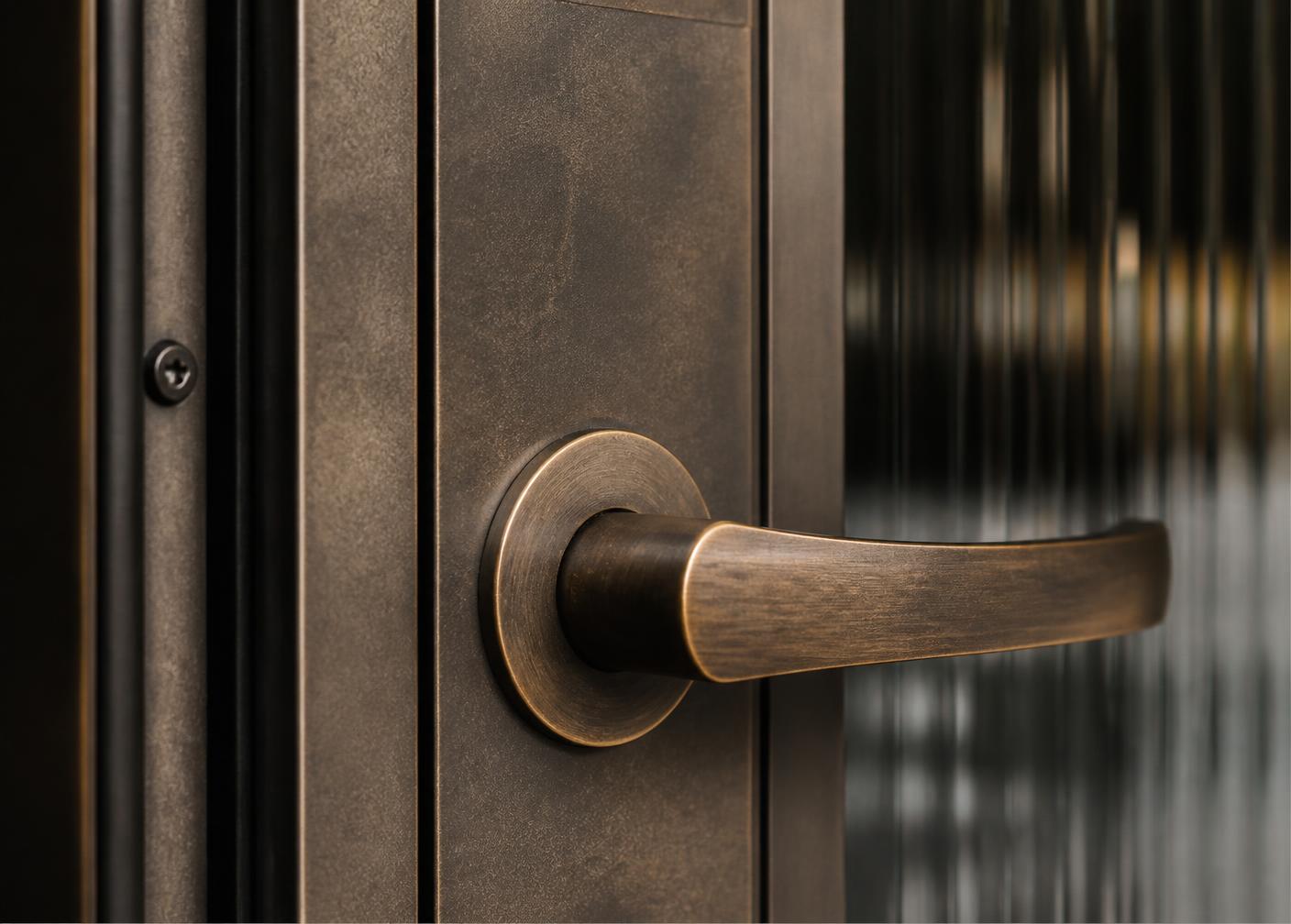 Close detail of an unlacquered bronze lever handle on a steel door