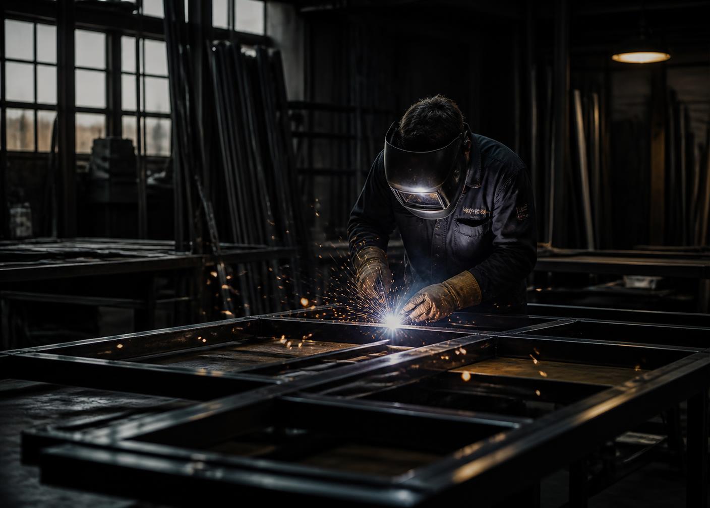 Craftsman welding a slim steel window frame in a dark workshop