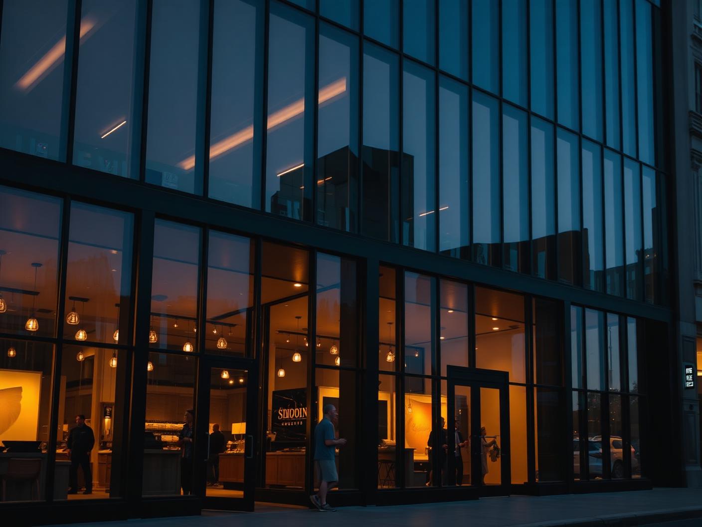 Blackened steel commercial storefront glazing lit warmly at dusk