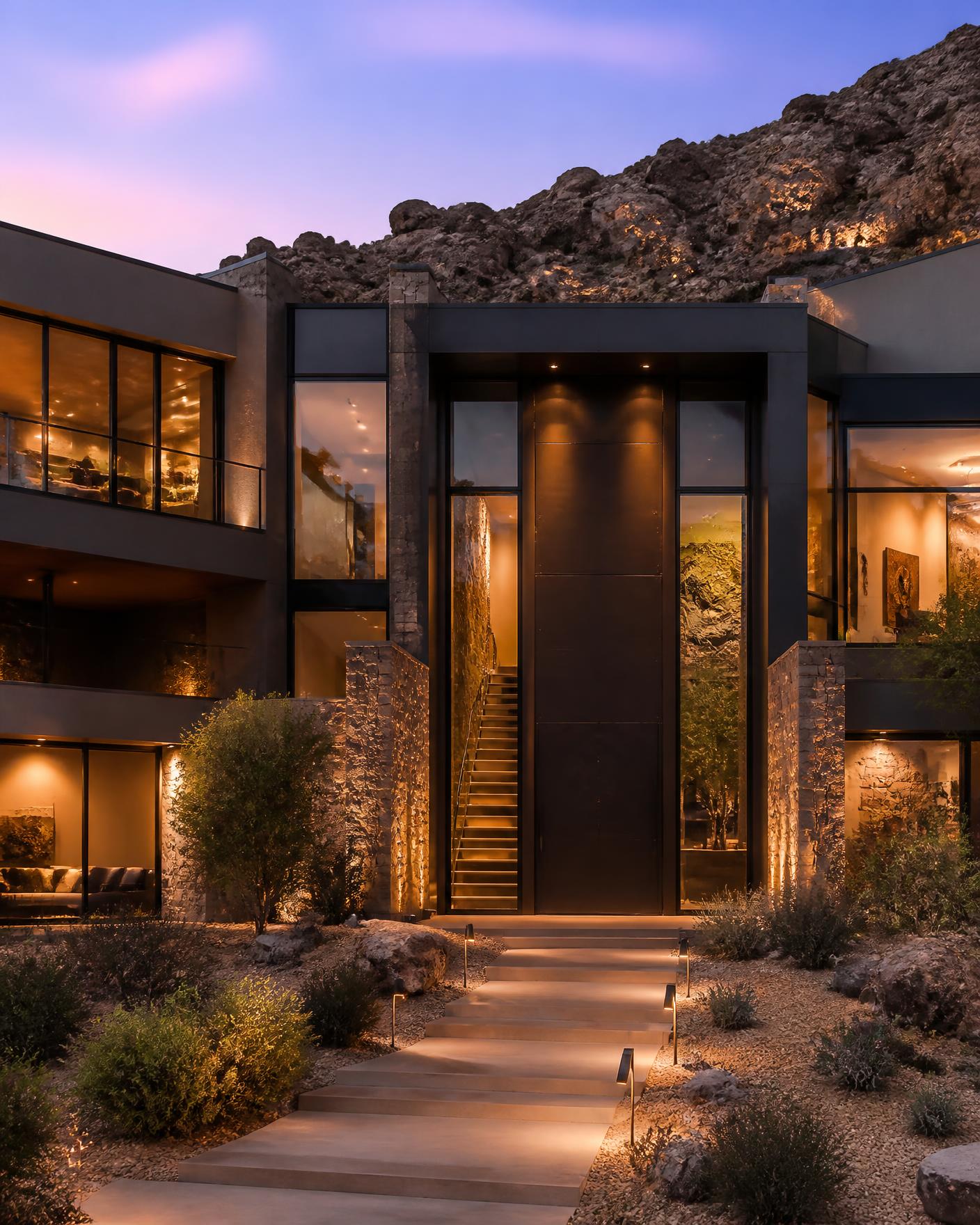 Monumental blackened steel pivot entry door of a hillside residence at twilight
