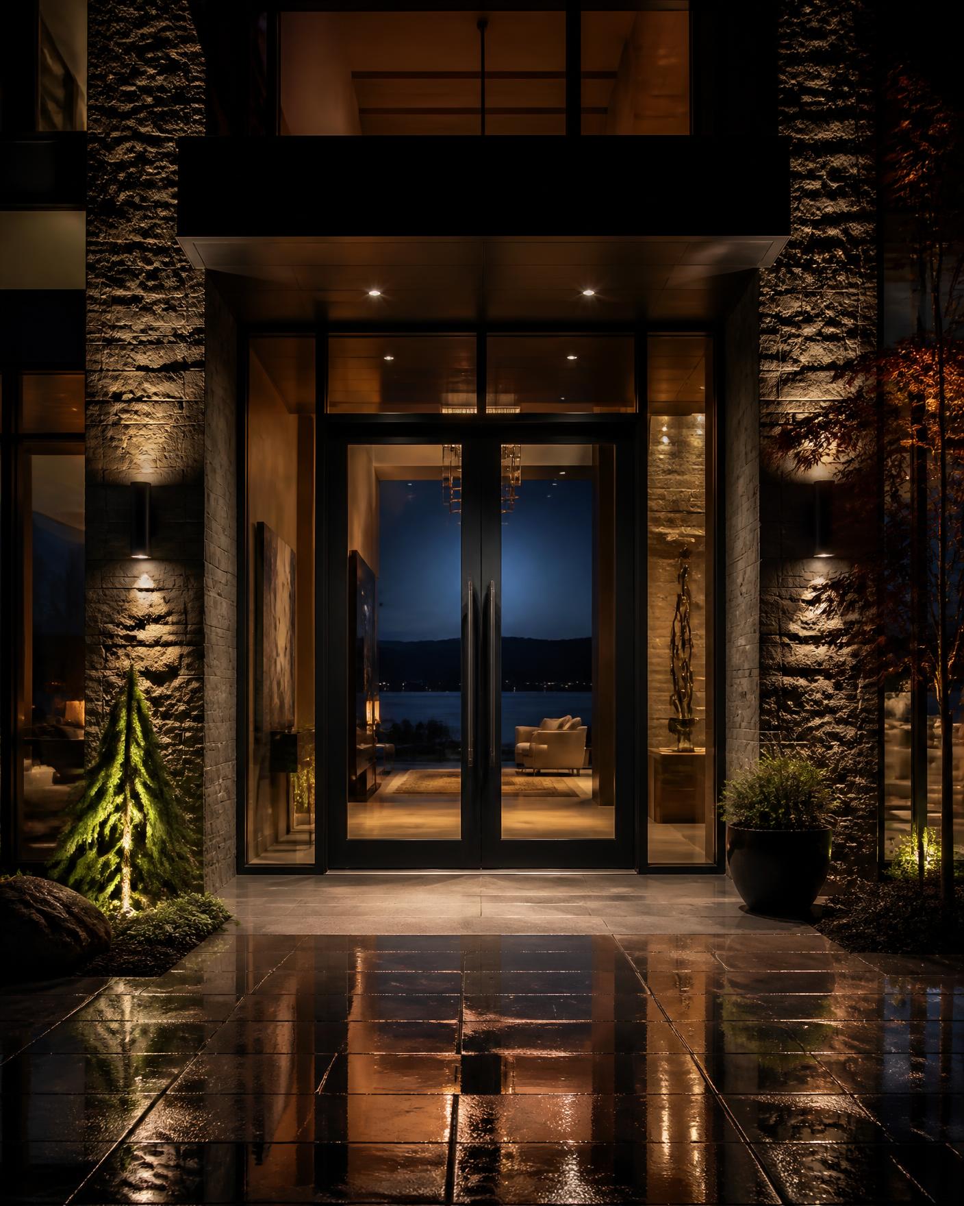 Illuminated double steel and glass entry doors of a lakeside residence at night