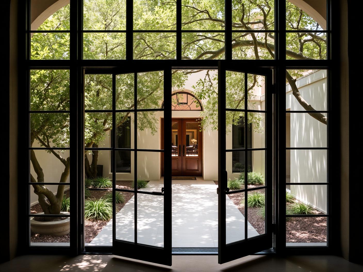 Black steel framed French doors opening onto a planted courtyard